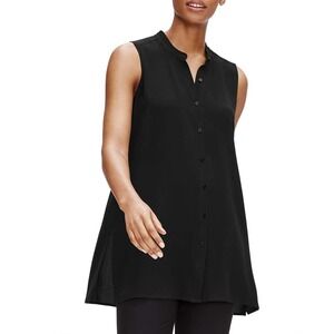 Eileen Fisher Black Silk Sleeveless Mandarin Collar Tunic Long Shirt Size XL